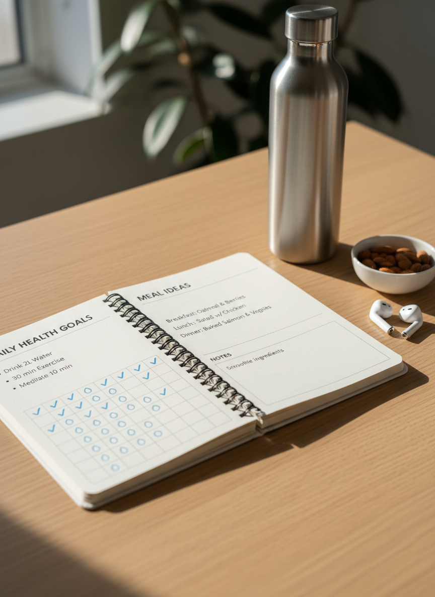 An open, spiral-bound wellness planner lying on a light oak desk, its pages filled with neatly printed daily health goals, water tracking icons, and simple meal ideas. A sleek stainless-steel water bottle, a small dish of almonds, and a pair of wireless earbuds rest nearby, suggesting a busy day in progress. Natural daylight from the left creates soft, even illumination and faint shadows, emphasizing the texture of the paper and subtle metallic sheen of the bottle. Captured from a slightly elevated angle with photographic realism and a sharp focus on the planner, the composition follows the rule of thirds, creating a professional yet practical mood that feels organized, encouraging, and realistically achievable.
